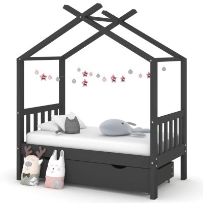 Chusui Children's House Bed with Drawer, Dark Gray Solid Pine, 70 x 140 cm