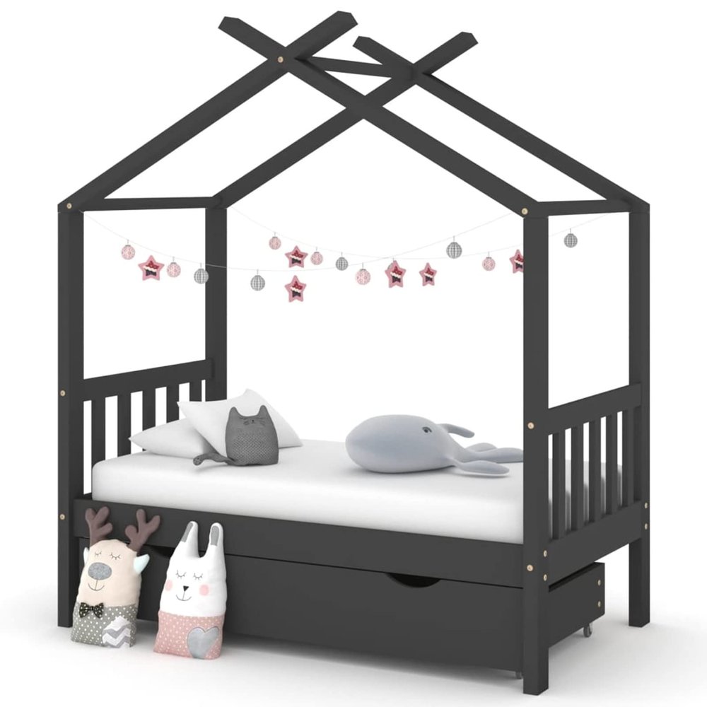 Chusui Children's House Bed with Drawer, Dark Gray Solid Pine, 70 x 140 cm