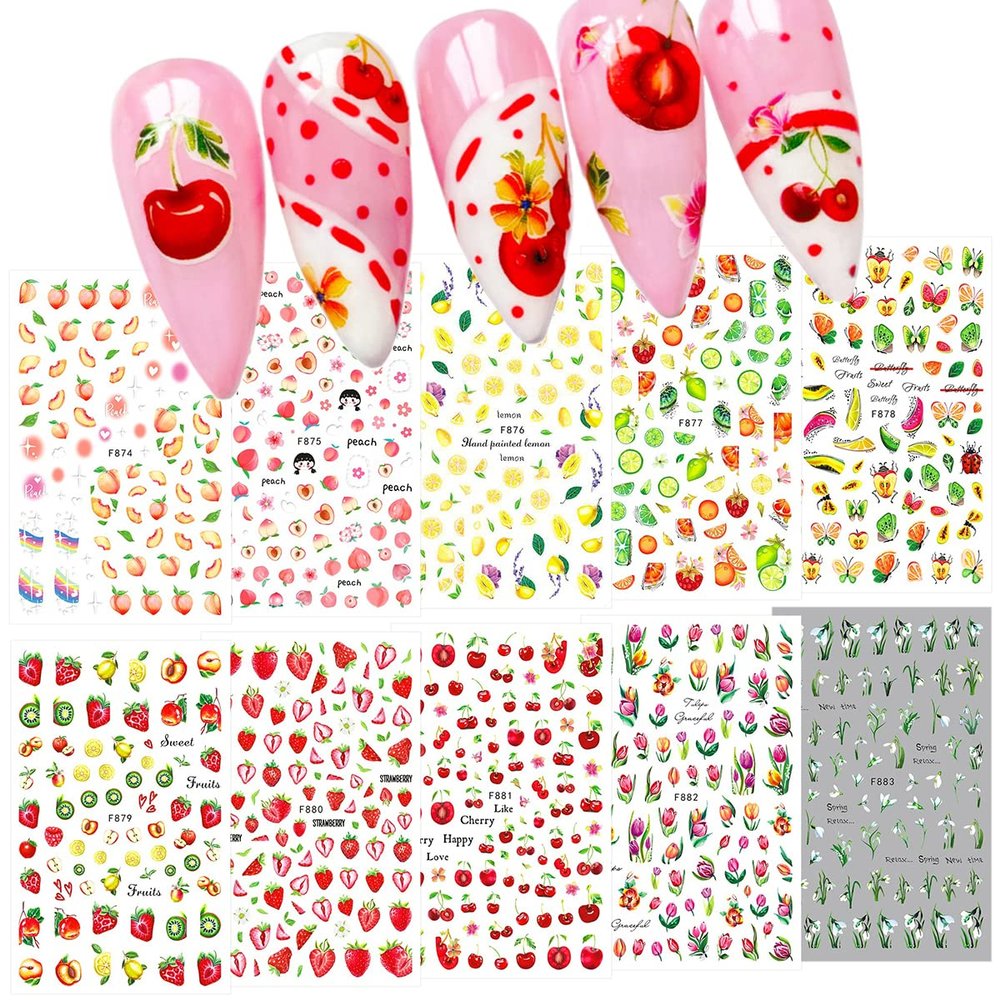 3D Summer Flower & Fruit Nail Stickers, Self-Adhesive, 10 Sheets