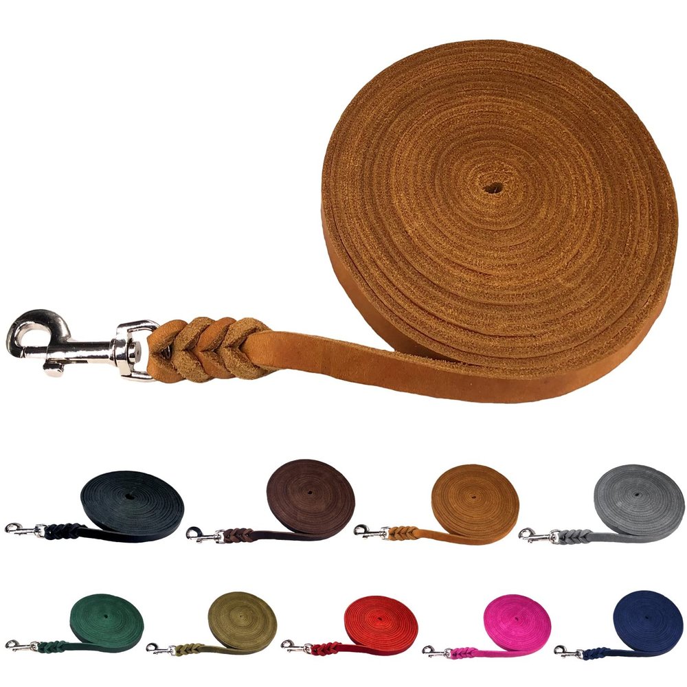 Oiled Leather Dog Long Line, 7.5 m / 12 mm, Red, No Hand Loop