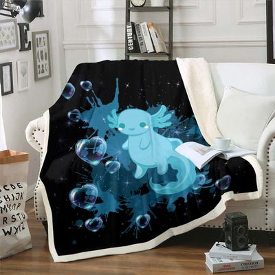 Pink Axolotl Throw Blanket, 229 x 229 cm, Kawaii Ocean Design, Black