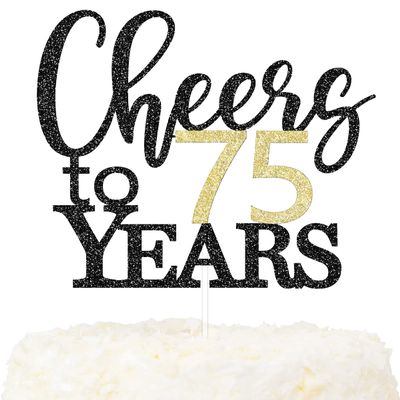 LOVENJOY Cheers to 75 Years Cake Topper, 75th Birthday and Anniversary Cake Decoration, Double-Sided Black and Gold Glitter