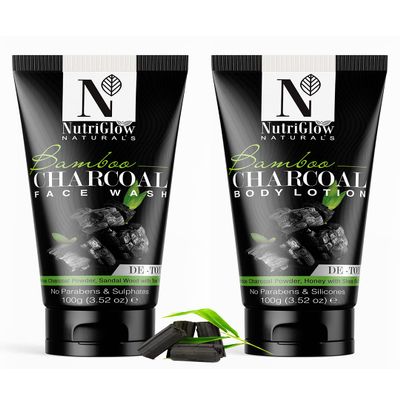 NutriGlow Natural's Bamboo Charcoal Face Wash (100 g) and Bamboo Charcoal Body Lotion (100 g), 2-Piece Combo Pack