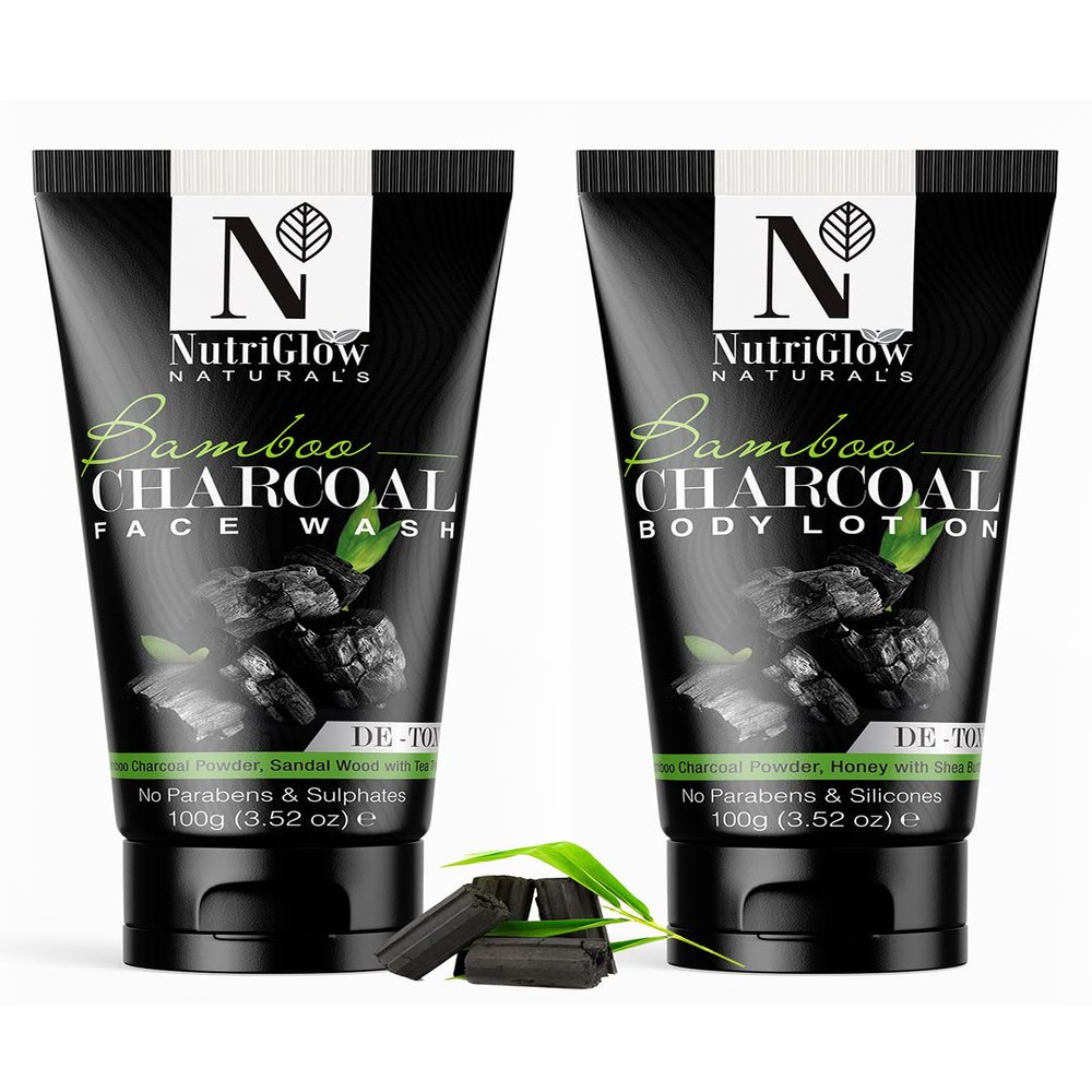NutriGlow Natural's Bamboo Charcoal Face Wash (100 g) and Bamboo Charcoal Body Lotion (100 g), 2-Piece Combo Pack