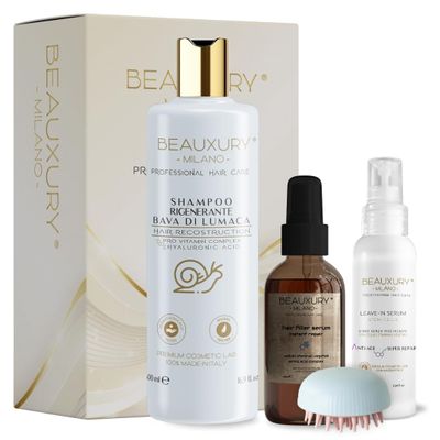 Beauxury Milano Hair Filler Kit – Intensive Repair for Damaged Hair with Shampoo, Serum, Leave-In & Brush