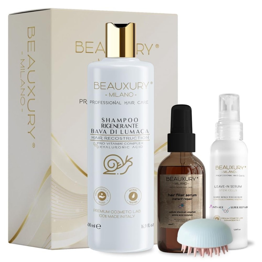 Beauxury Milano Hair Filler Kit – Intensive Repair for Damaged Hair with Shampoo, Serum, Leave-In & Brush