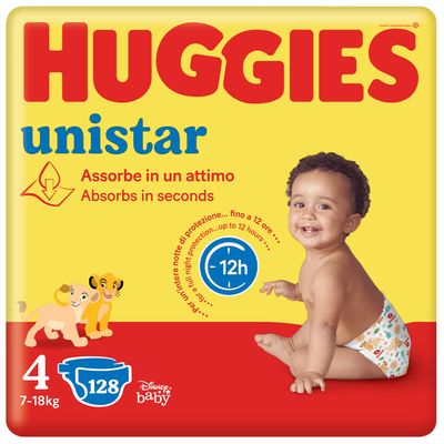 Huggies Unistar Diapers, Size 4 (7–14 kg), Pack of 128