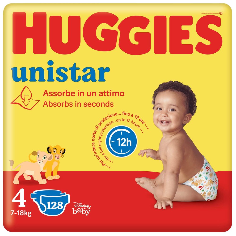 Huggies Unistar Diapers, Size 4 (7–14 kg), Pack of 128