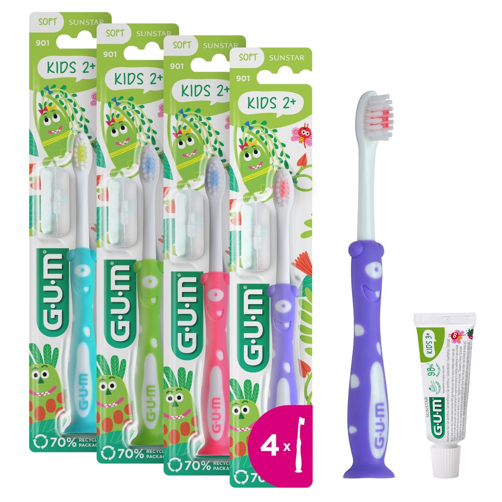 GUM KIDS Toothbrush for Children Ages 2–6, Small Padded Head, Soft Bristles with Toothpaste-Dosing Color Field, Non-Slip Handle & Suction Cup (4 x 1 pc + 1 Free Sample)