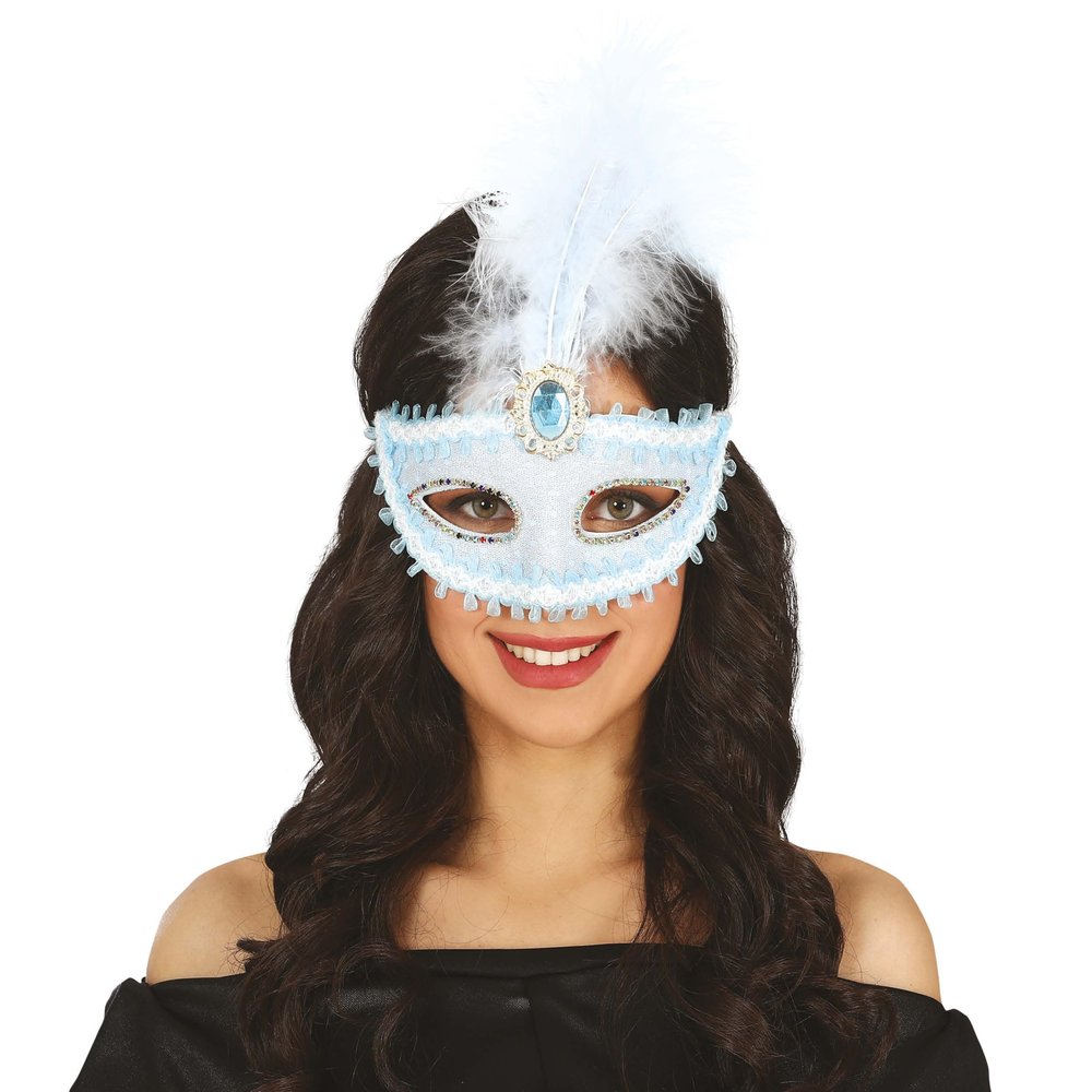 Half-Blue Blue Face Mask with Feathered Woman