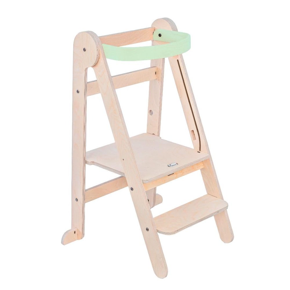 Mamatoyz Fold Mint Montessori Learning Tower, Foldable Birch Wood Tower with 2 Adjustable Heights
