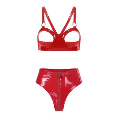 Hedmy Women's Red Patent Leather Lingerie Set, Push-Up Bra and Panties, Size L