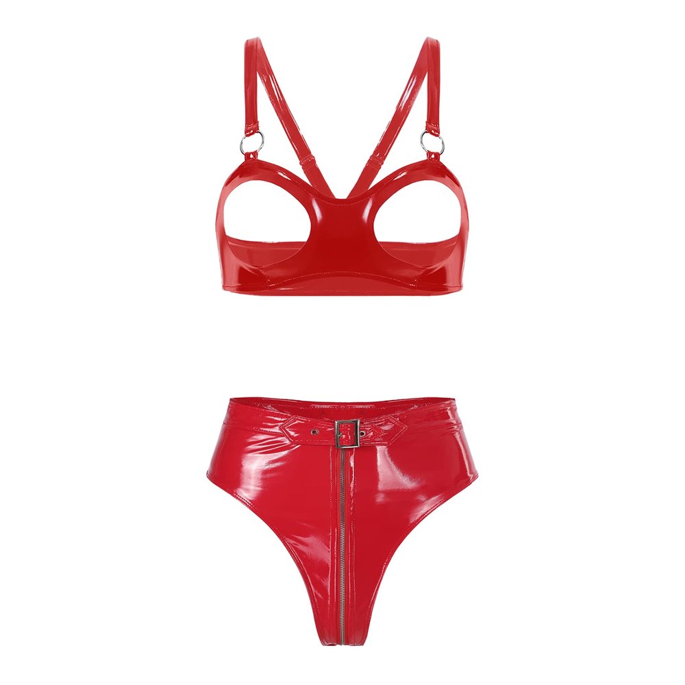 Hedmy Women's Red Patent Leather Lingerie Set, Push-Up Bra and Panties, Size L