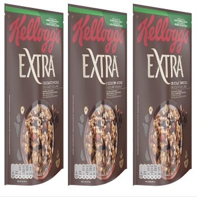 3x Kellogg's Extra Chocolate & Hazelnut Crunchy Oat Flakes, 100% Whole Grain, 375 g