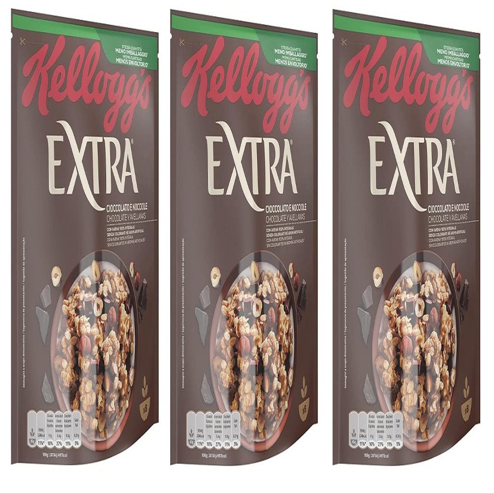 3x Kellogg's Extra Chocolate & Hazelnut Crunchy Oat Flakes, 100% Whole Grain, 375 g
