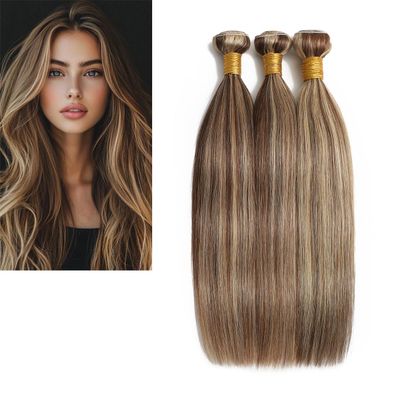 Larafona Human Hair Weft Bundles, Brown/Honey Blonde P4/27, Straight, 3-Pack, 100 g Each, 60 cm