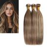 Larafona Human Hair Weft Bundles, Brown/Honey Blonde P4/27, Straight, 3-Pack, 100 g Each, 60 cm view 1