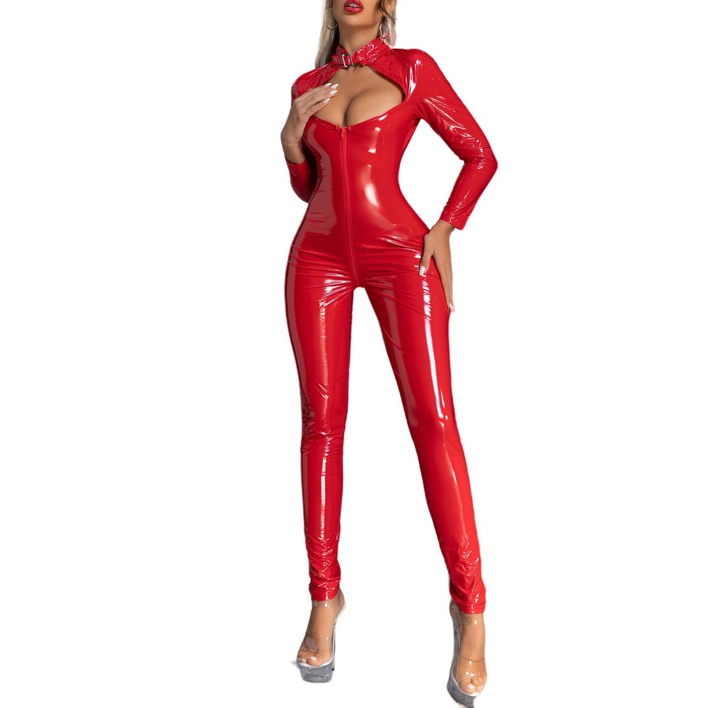 inlzdz Women's Wetlook Patent Leather Full-Body Catsuit with Zipper, Red, XL