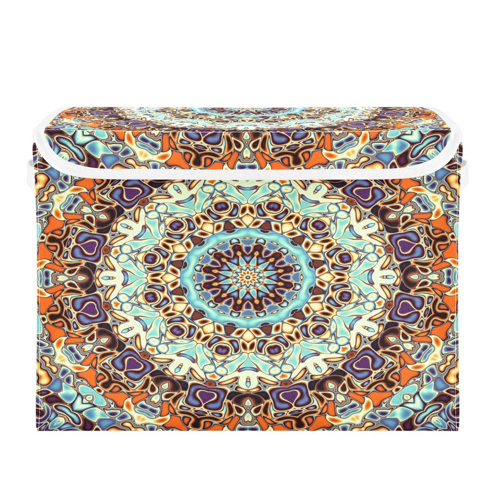 Storage Box with Lid, Indian Hippie Mandala Floral Pattern, Foldable Organizer, 41.9 x 32 x 30 cm