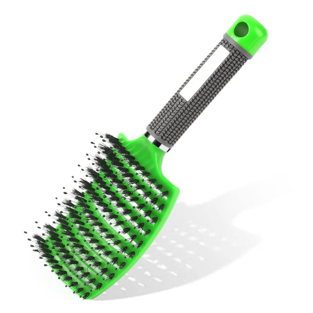 URAQT Detangling Hair Brush with Handle, Boar Bristles, J-Green