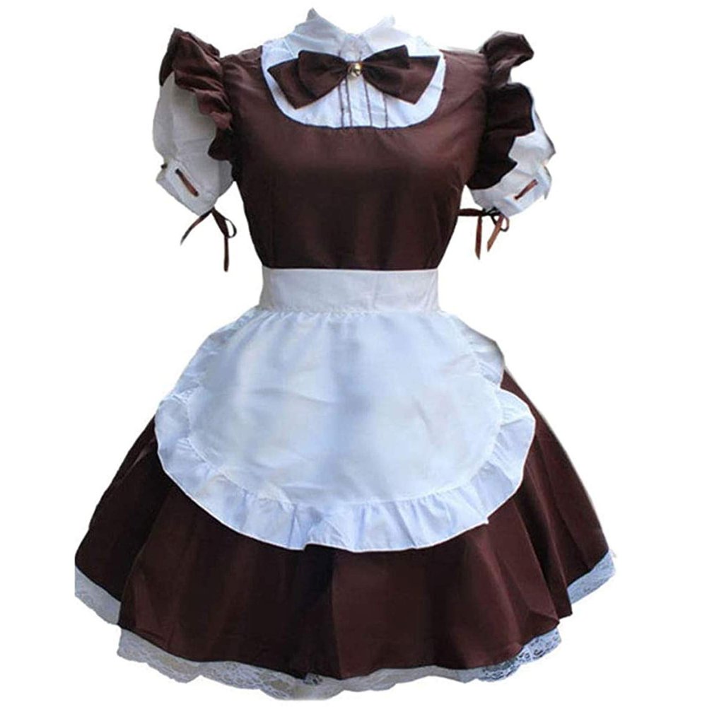 Cockjun Women's Maid Cosplay Lingerie Costume with Fake Collar, Headpiece, Apron, Bowknot Dress, Brown, S