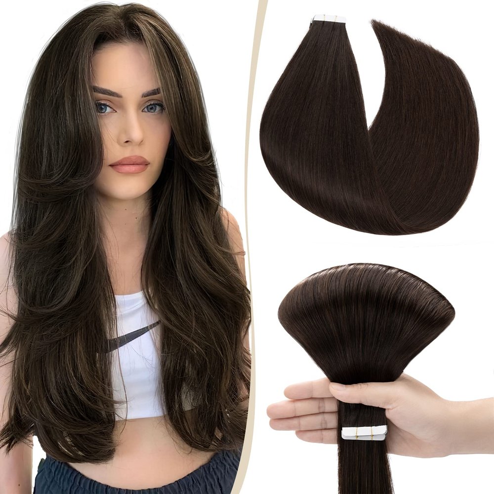 SEGO Tape Extensions, 10 Wefts, 25 g, 7A Straight 100% Remy Human Hair, Dark Brown #2, 55.88 cm