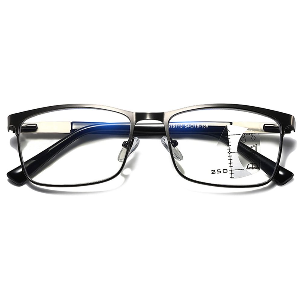 Lanomi Progressive Multifocal Reading Glasses, Metal Rectangular Full-Rim Blue-Light Filter, 1.0–4.0, Gunmetal