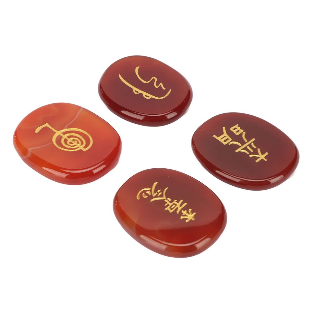Natural Rune Stone Set, 4 Rune Stones, Semi-Precious Stone, for Meditation (Red Agate)