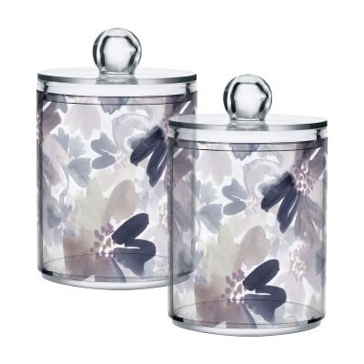 linqin Q-Tip Holder for Cotton Swabs, Bath Salts and Cotton Rounds, 284 mL, Clear Plastic Jar with Lid for Bathroom, Dark Blue Watercolor Floral Organizer