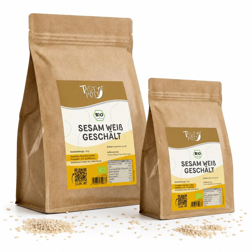 Tasty Pott White Hulled Sesame | Vegan | For Baking & Cooking | Nutty Salad Topping | 1000 g Bag