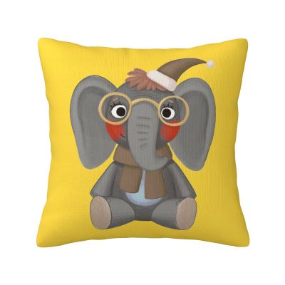 Printed Plush Pillowcase with Cute Baby Elephant on Yellow Background, Square, 45 x 45 cm