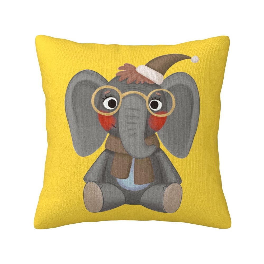 Printed Plush Pillowcase with Cute Baby Elephant on Yellow Background, Square, 45 x 45 cm