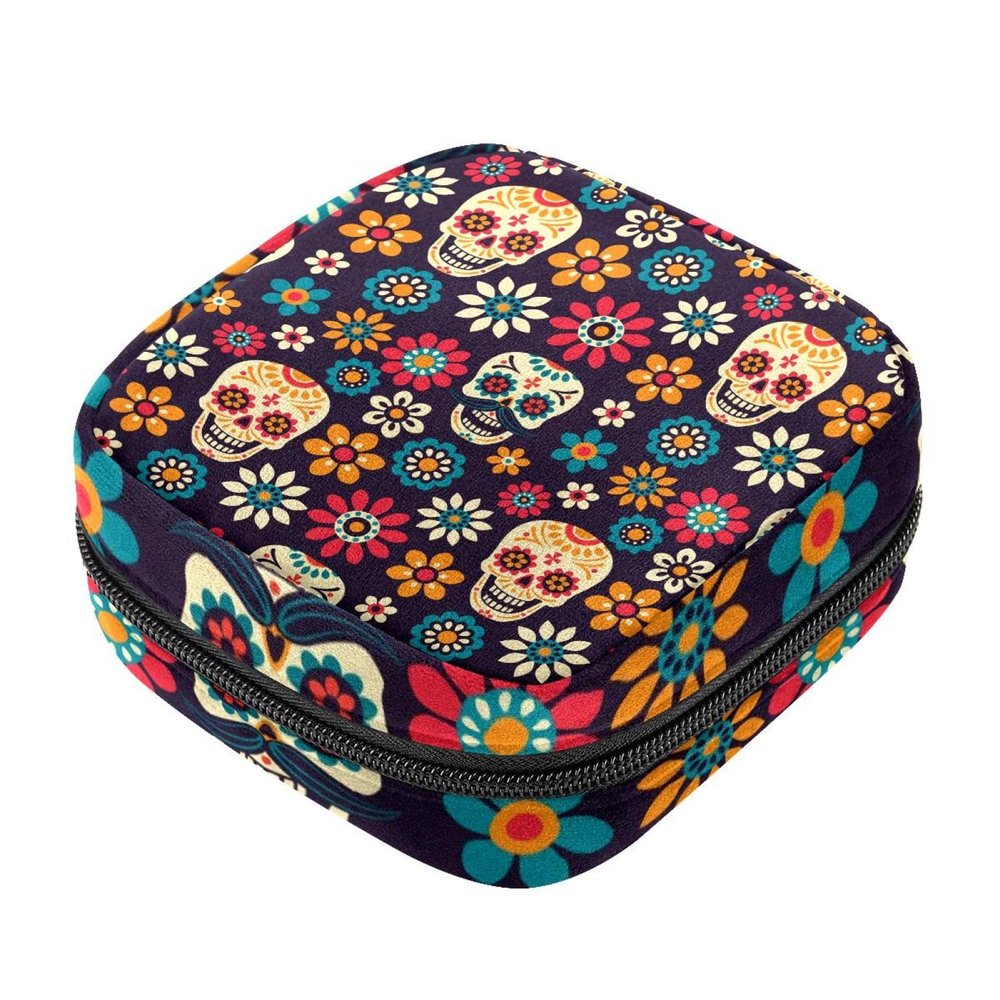 Zippered Period Pad and Tampon Storage Bag for Women and Girls, Day of the Dead Sugar Skull and Flowers