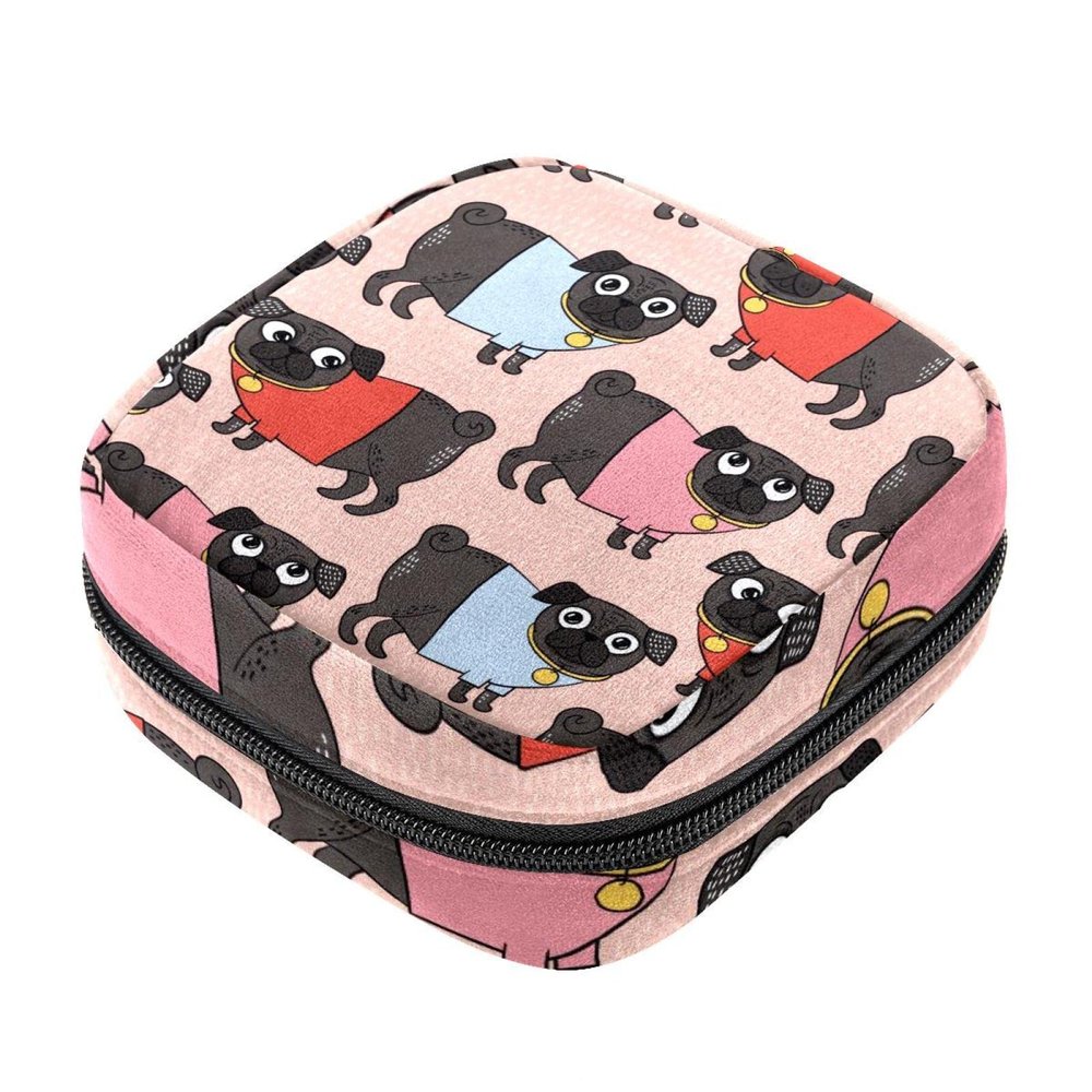 Menstrual Pouch with Zipper, Sanitary Pad and Tampon Bag for Women and Girls, Colorful Pug