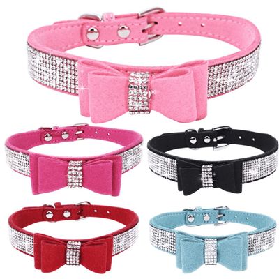Small Dog Collar for Puppies and Cats with Rhinestone Bow, Light Blue, XXL