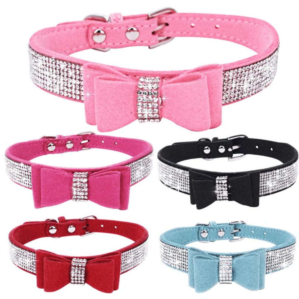 Small Dog Collar for Puppies and Cats with Rhinestone Bow, Light Blue, XXL