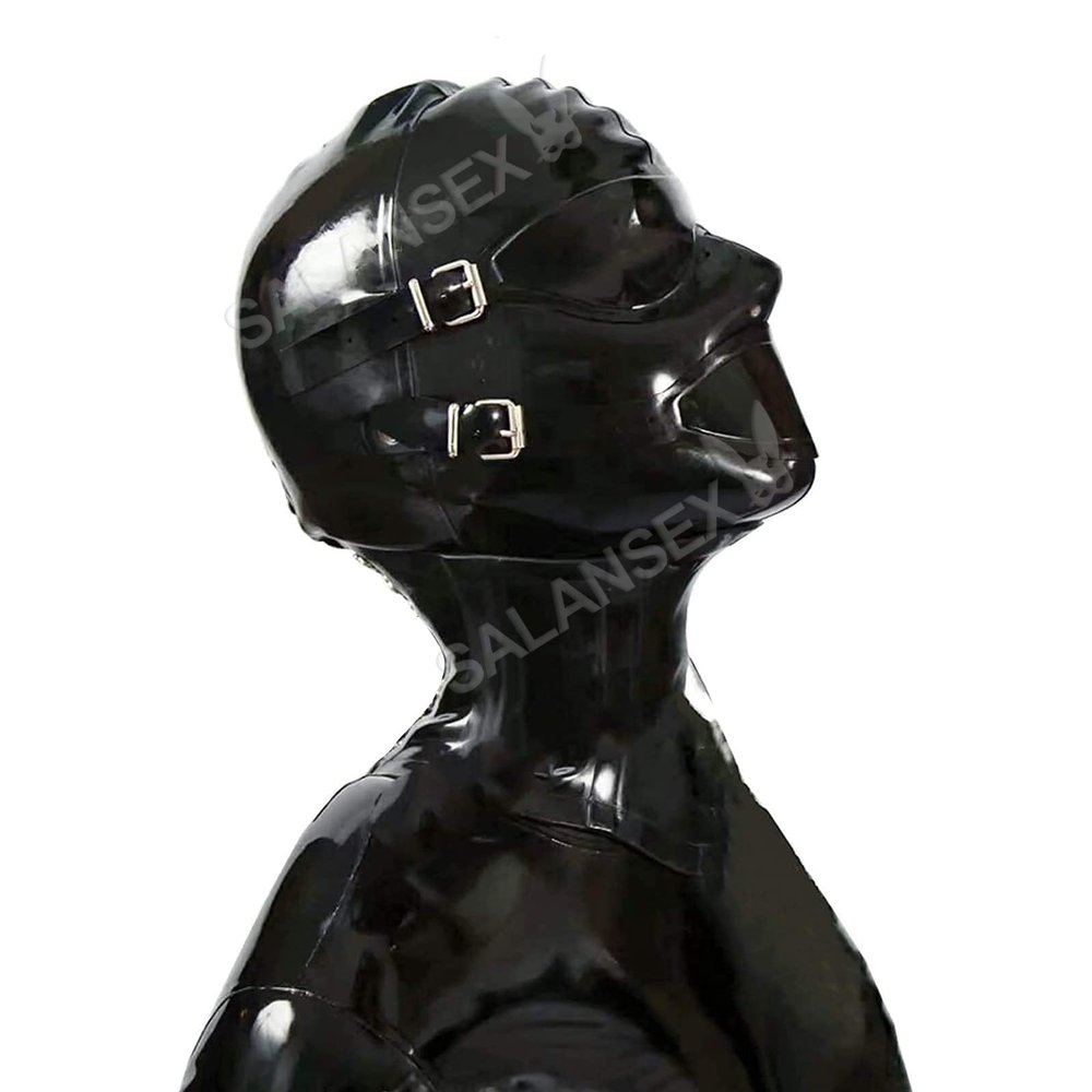 SALANSEX Full-Face Latex Hood Mask with Mouth Gag and Eye Patch, Zipper, Size L