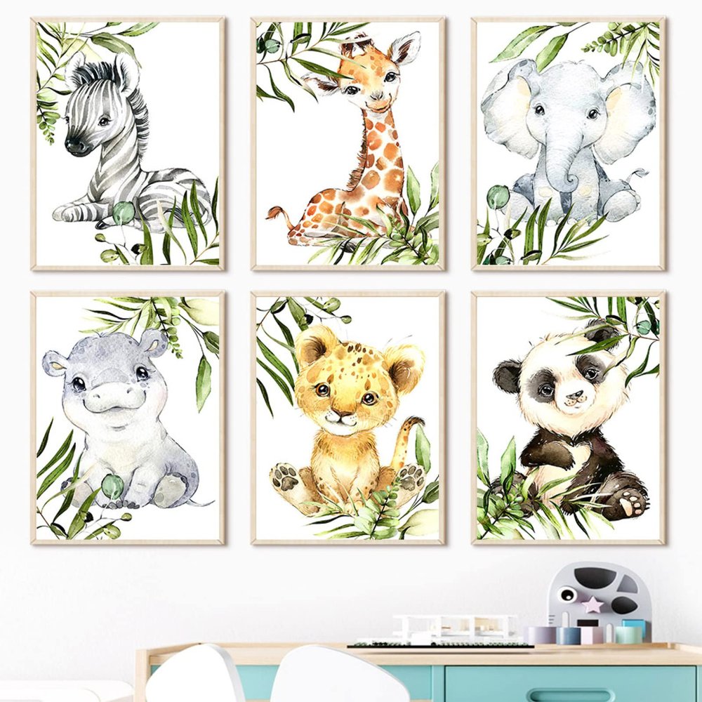 CAYBES 6-Piece Jungle Animal Wall Art for Baby and Kids' Rooms, Elephant Giraffe Lion Zebra, 40 x 60 cm Each, Unframed