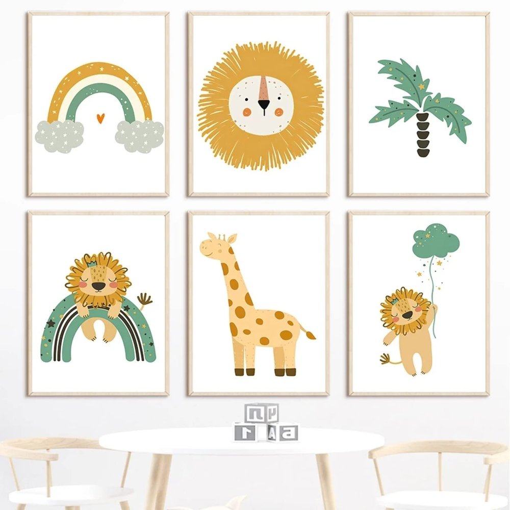 CAYBES 6-Piece Baby Nursery Posters, Lion, Giraffe, Rainbow, Tree and Jungle Animals, Canvas Wall Art Prints, 40 x 60 cm Each, Unframed