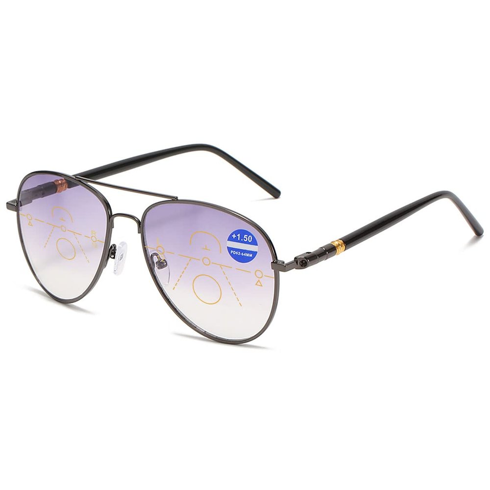KOOSUFA Bifocal Progressive Reading Sunglasses, Gray Metal Aviator Frames, 1.0