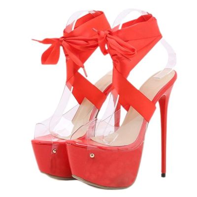 PAXAS Sexy Red Thigh-High Lace-Up Platform Sandals for Women, 16.5 cm Transparent Stiletto Open-Toe High Heels, Red, 42