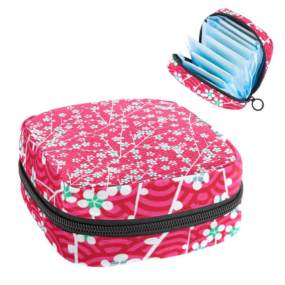Portable Zippered Menstrual Product Storage Pouch with Japanese Cherry Blossom Print