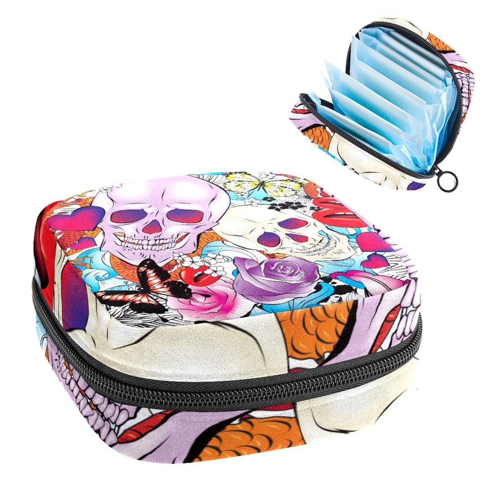 Women's Period Pad and Tampon Storage Pouch with Zipper, Skulls and Flowers
