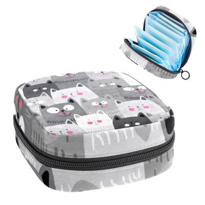Women's Sanitary Product Storage Bag, Gray Happy Cats Period Pouch with Zipper