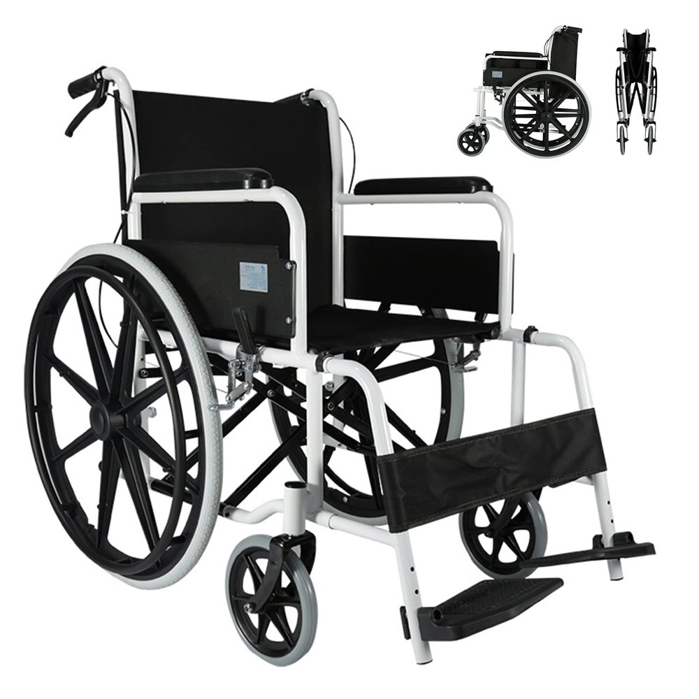 Foldable Lightweight Transport Wheelchair with Drum Brakes, 43 cm Seat Width, Steel