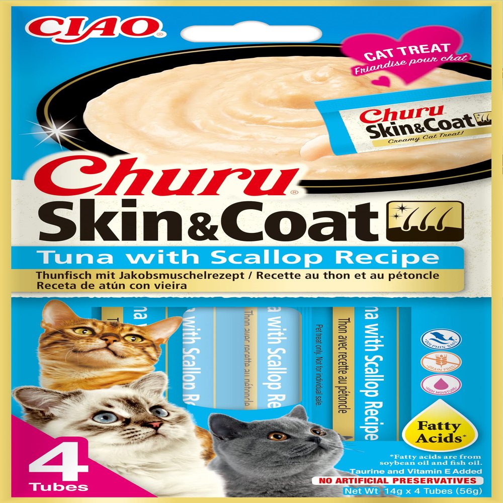 INABA Churu Skin & Coat Creamy Cat Treats with Omega 3 & 6, Taurine, and Vitamin E, Tuna & Scallop 56 g (1 Pack)