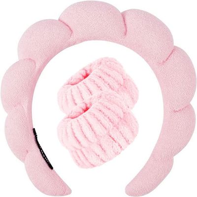 Mimi and Co Spa Headband for Women, Terry Cloth, Skincare, Makeup, Shower, Pink + Bracelets