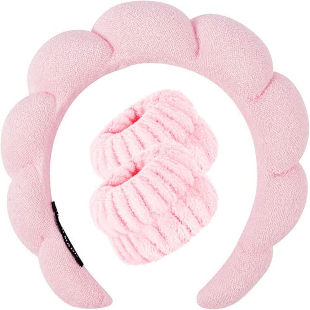 Mimi and Co Spa Headband for Women, Terry Cloth, Skincare, Makeup, Shower, Pink + Bracelets