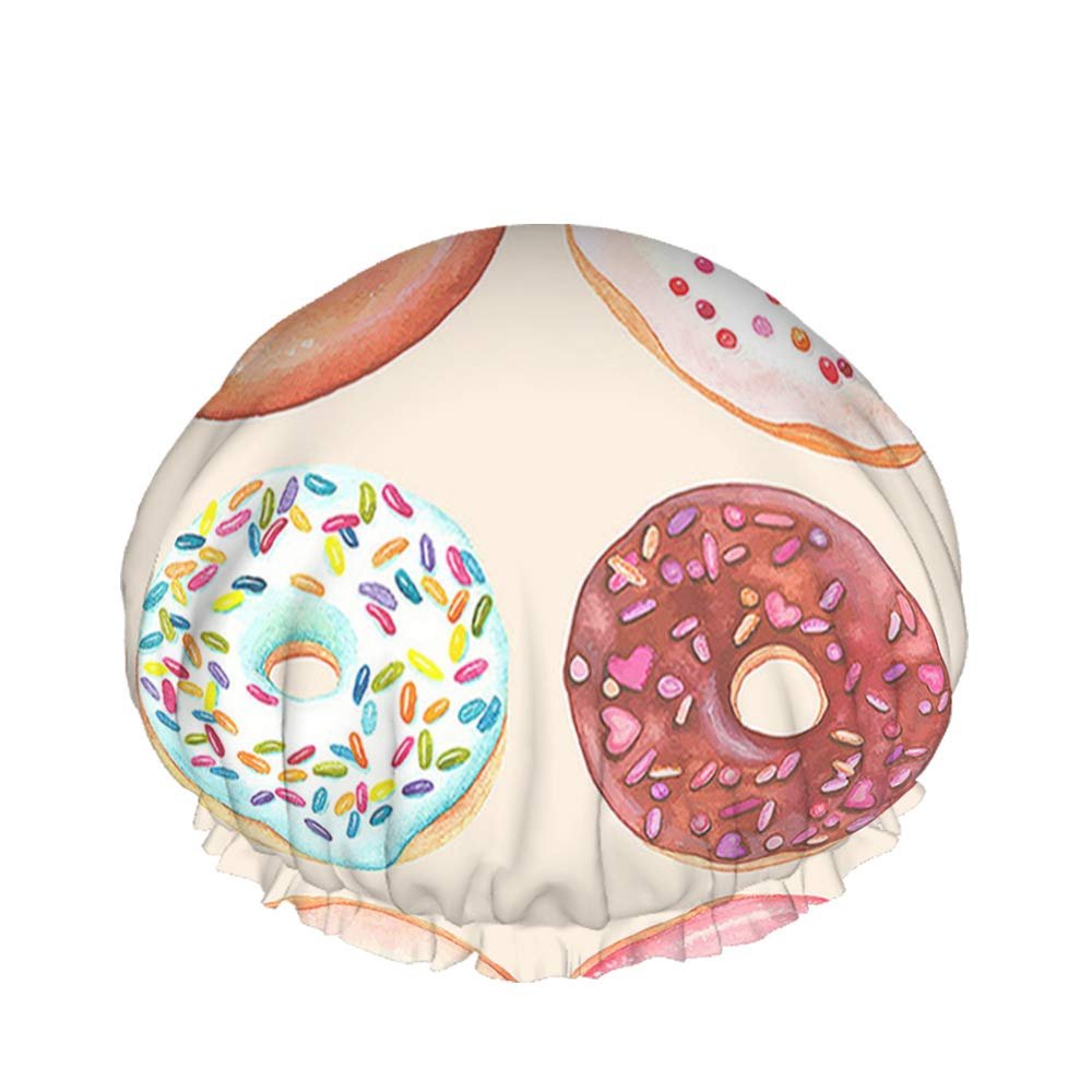 Donut Shower Cap Sweet Dessert Food Chocolate Love Heart Cake Colorful Large Waterproof Reusable Cap for Women, Men, Girls, and Long Hair
