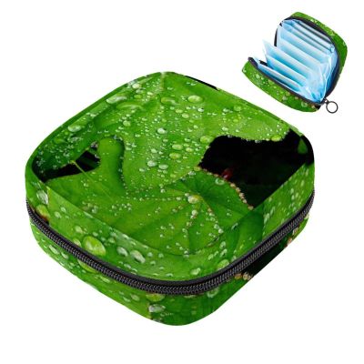 Zippered Menstrual Pad Bag, Feminine Hygiene Pouch (Wild Green with Dewdrops)